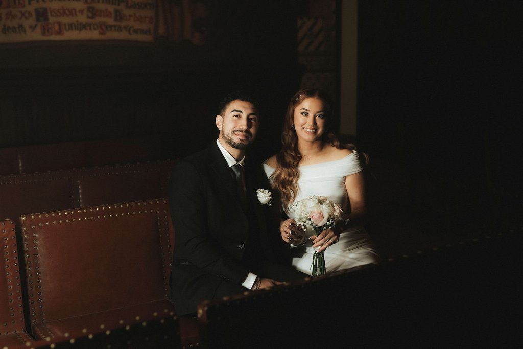 Dramatic portrait of Vanessa and Bryant inside the Santa Barbara Courthouse